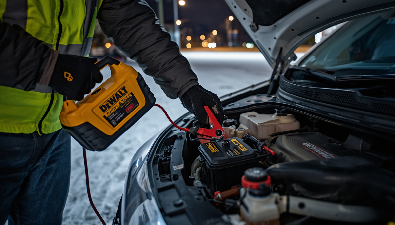 Shakur Roadside technician boosting a dead car battery in Edmonton