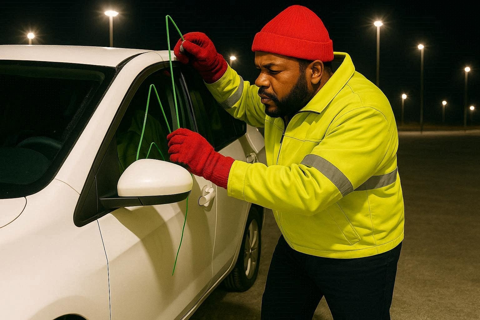 Mhrtab using professional lockout tools on a white car at night in Edmonton winter